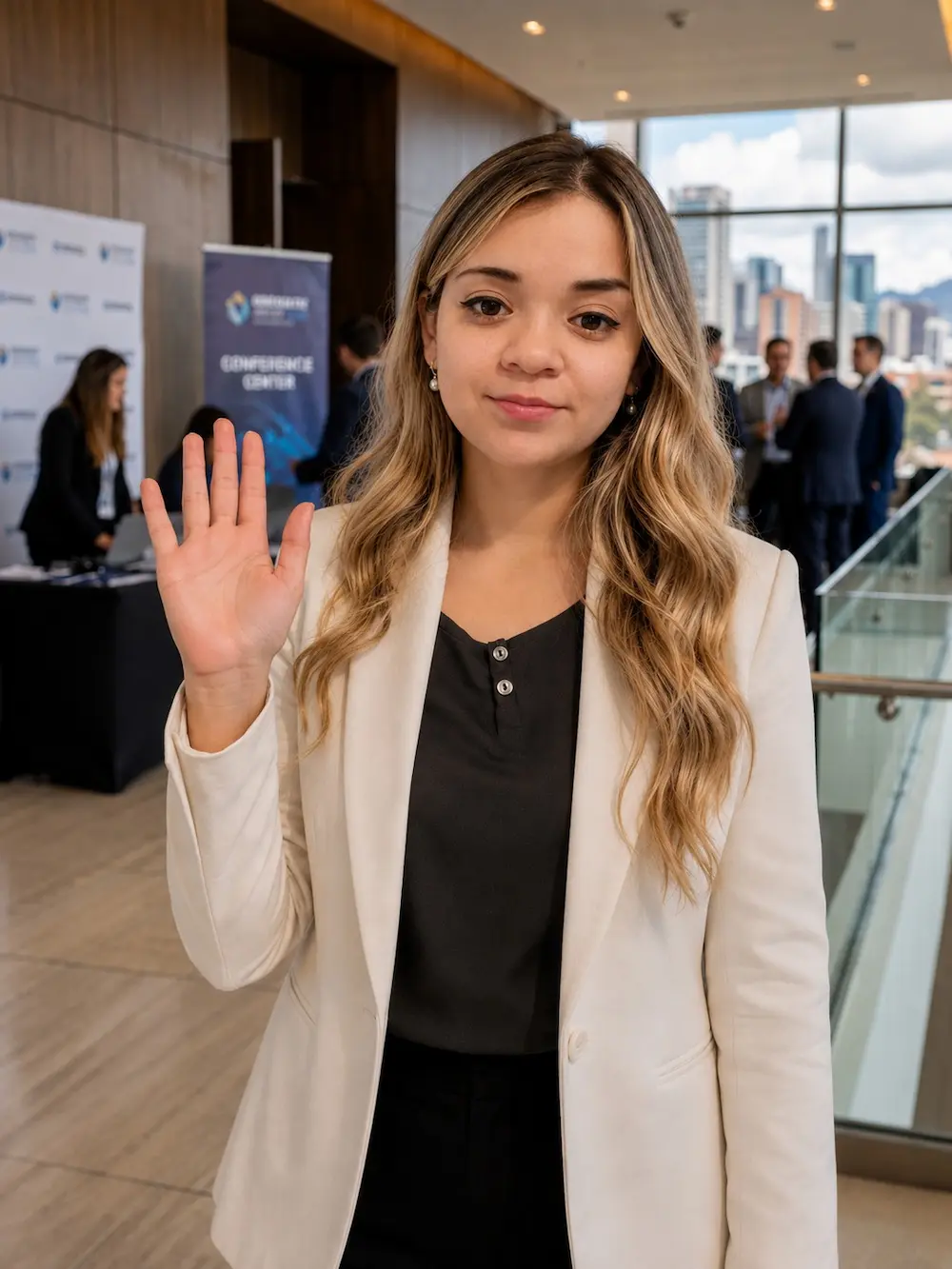 María Paz Belmar saludando con la mano, sonriendo a cámara